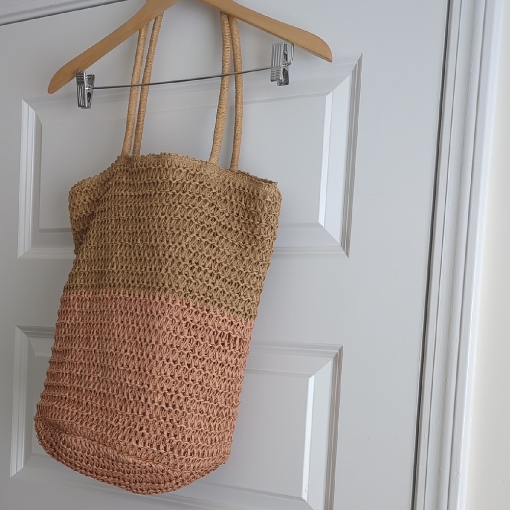 Old Navy Tan and Pink Woven Tote Bag